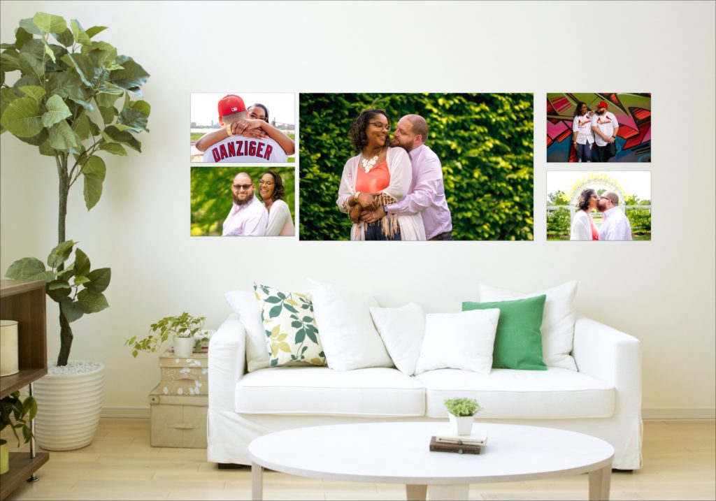 living room with white sofa has five canvas images of couple on the wall. 